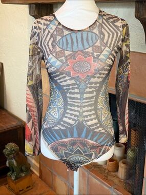 Cherry Mellow Multicolor Printed Long-Sleeve Mesh Bodysuit, size S